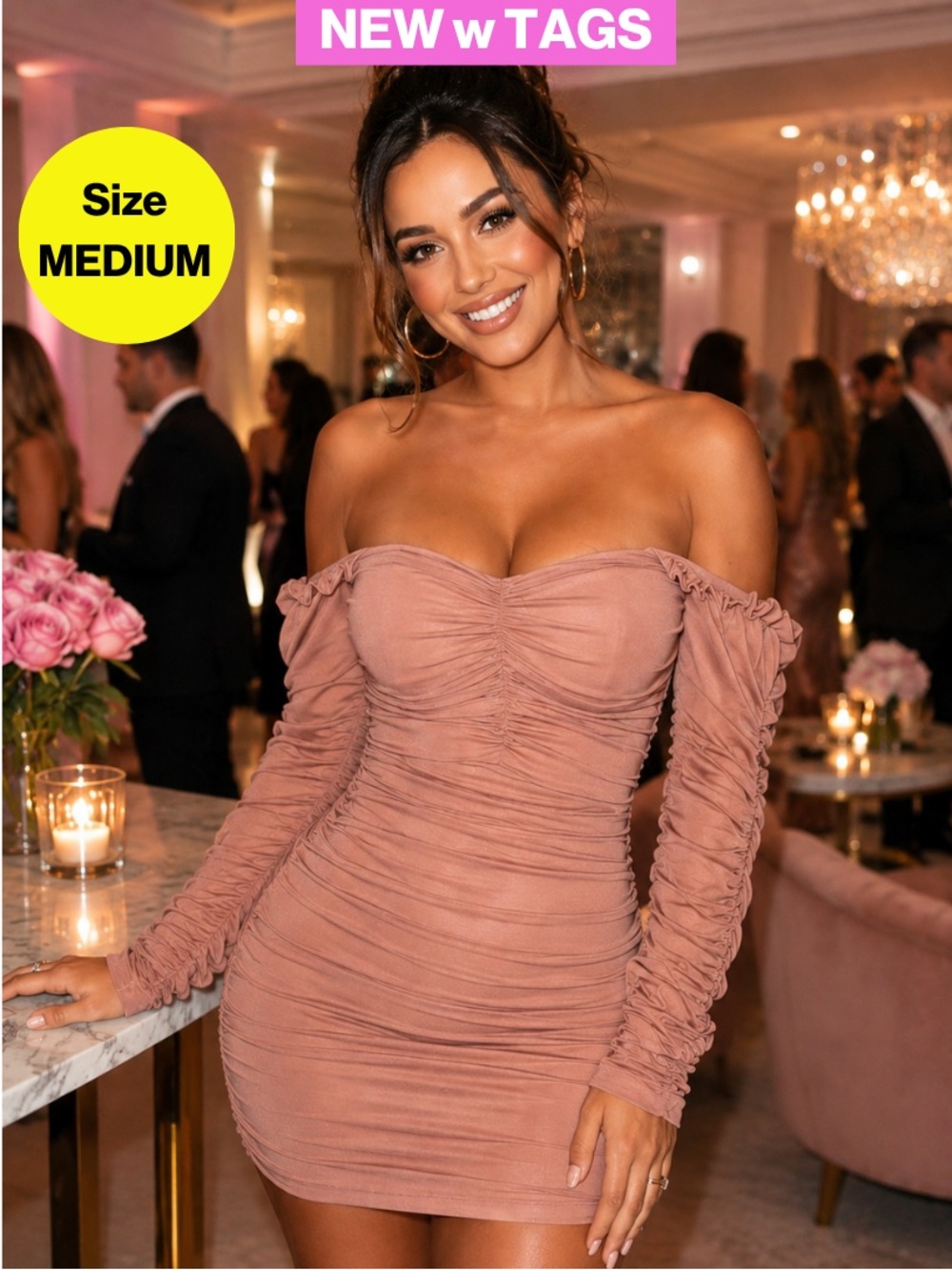NEW w TAGS 🏷️ FASHION NOVA Ruched Mini Dress, Sheer Sleeves (Women’s Medium)